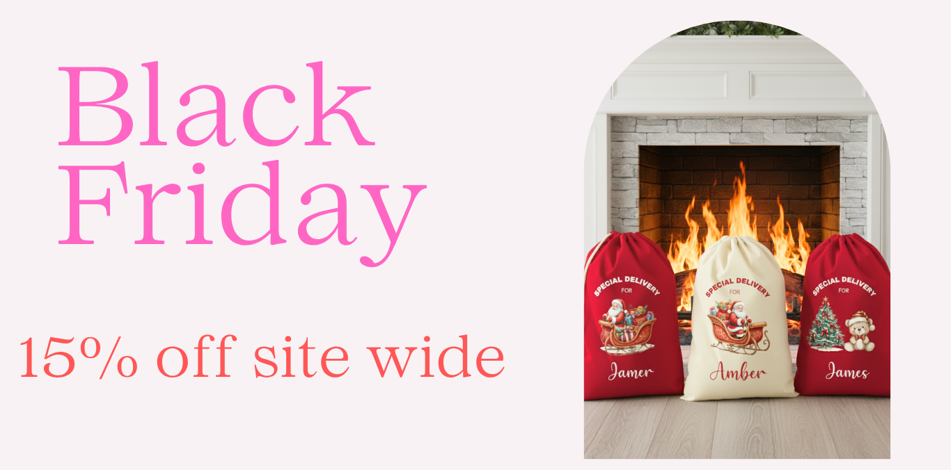 Red and white gift bags with Santa Claus designs in front of a fireplace, promotional text for Black Friday sale.