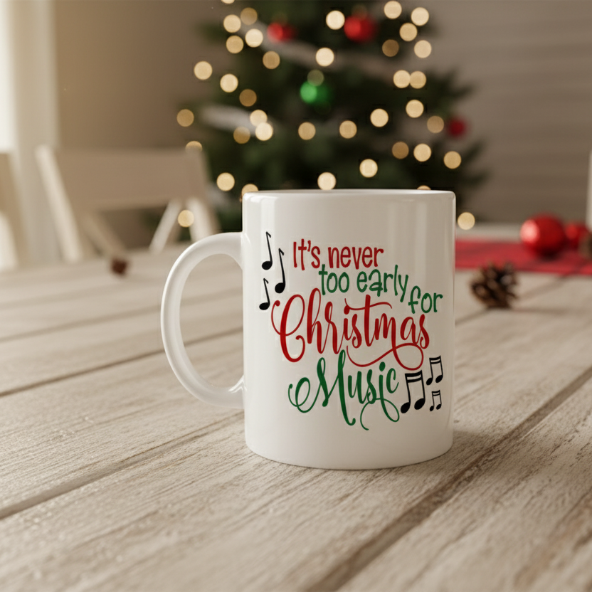 White mug with Christmas-themed text on a wooden table with a decorated Christmas tree in the background.