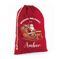 Red drawstring bag with Santa Claus and 'Special Delivery for Amber' text on a white background