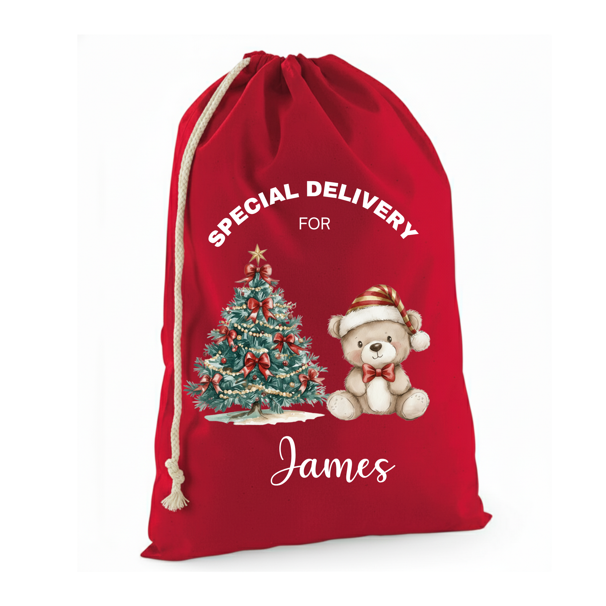 Red drawstring bag with Christmas tree and teddy bear design, personalized for 'James'.