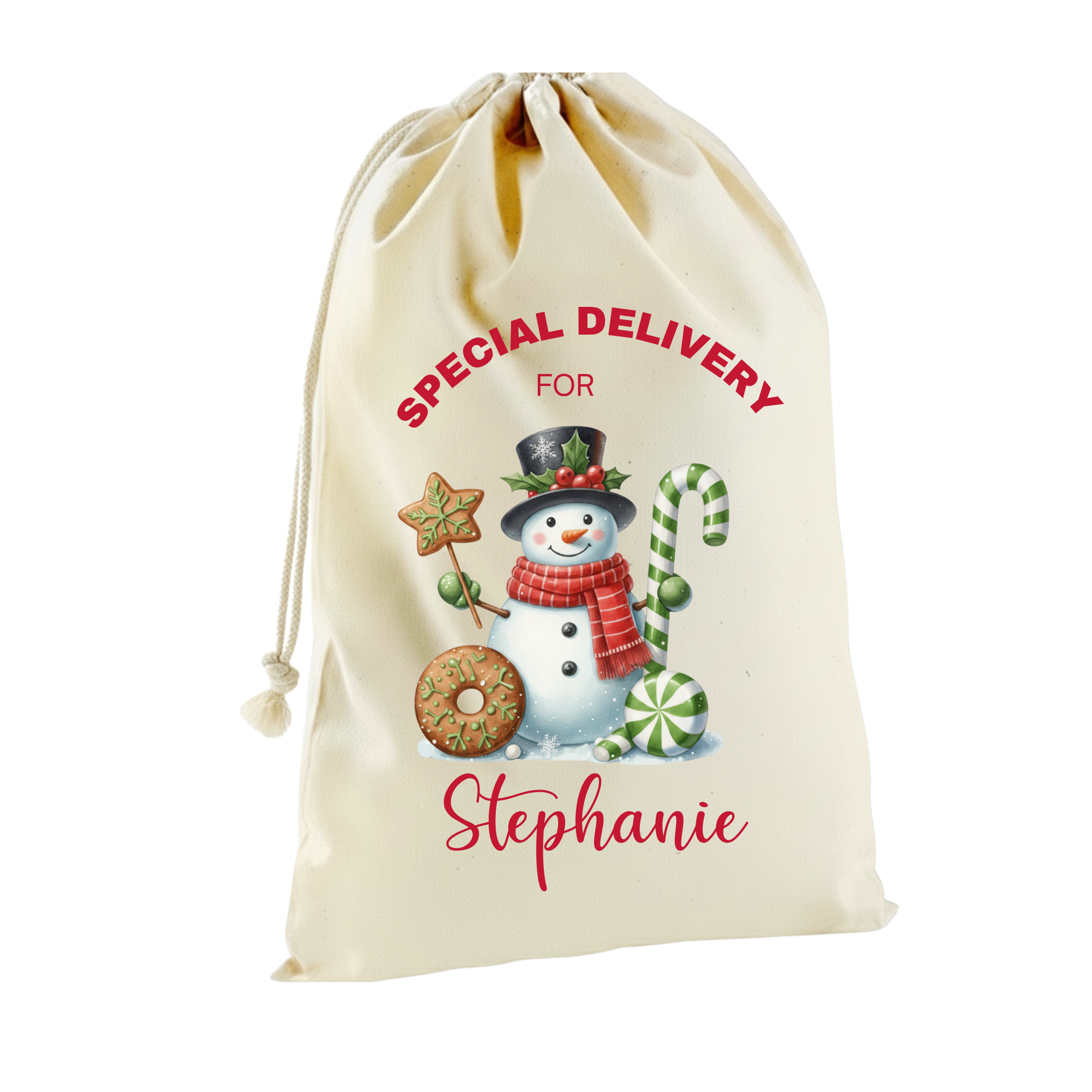 Christmas-themed drawstring bag with snowman design and text on a white background