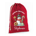 Red drawstring bag with a snowman design and text on a white background