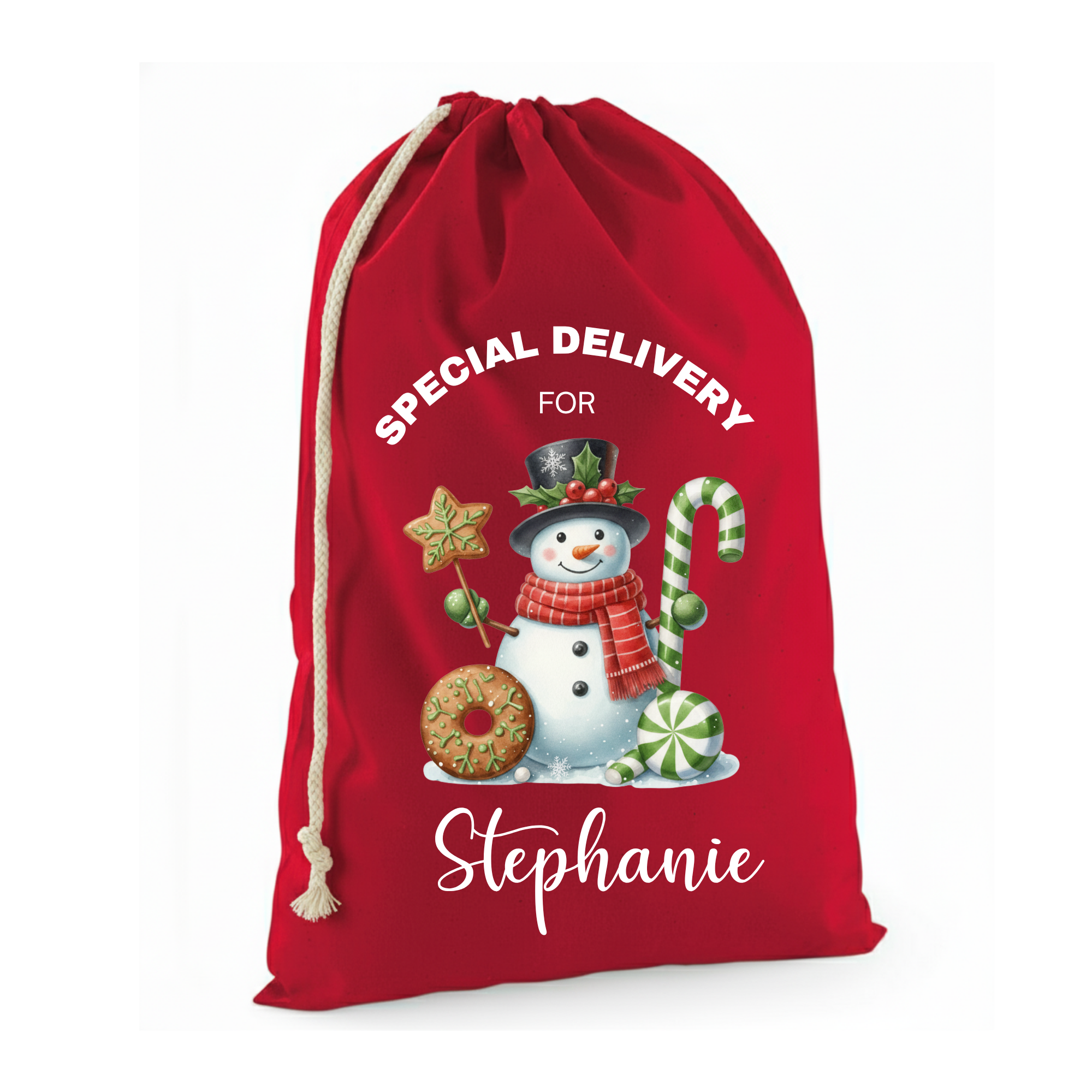 Red drawstring bag with a snowman design and text on a white background
