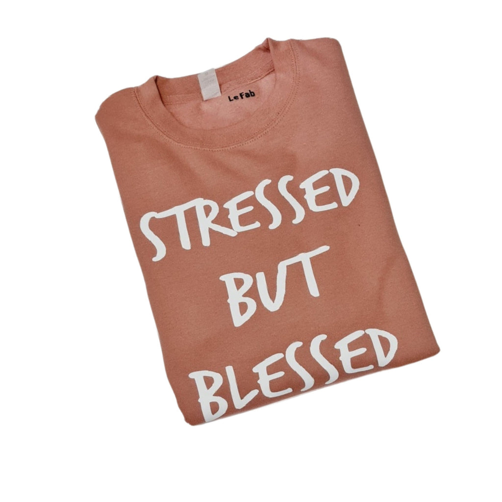 Folded pink t-shirt with 'STRESSED BUT BLESSED' text on a white background